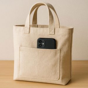 Canvas Tote Bag with External Back Pocket for Quick Access to Phone